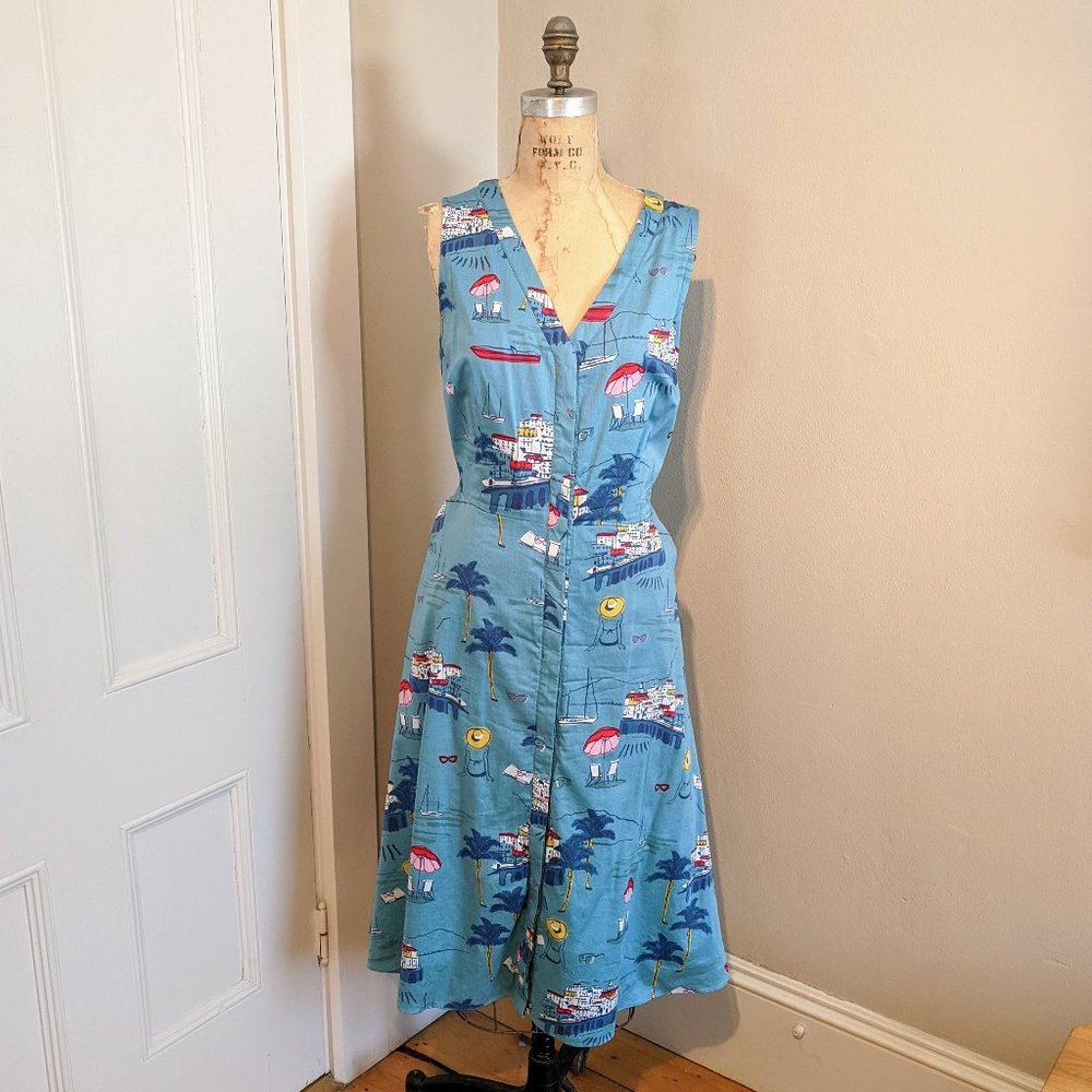 Boden Tropical Vacation Print Button Midi Dress 12